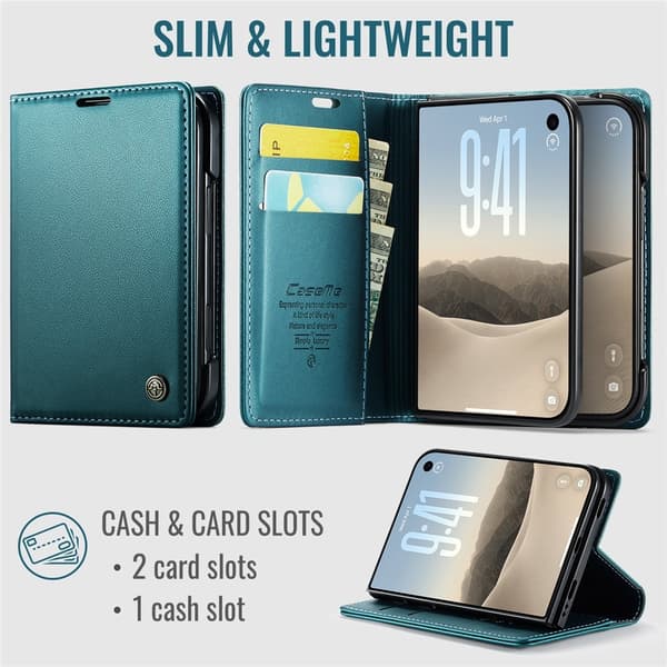 CASEME Glanset telefonlommebokdeksel med litchi tekstur til iPhone Duo Green