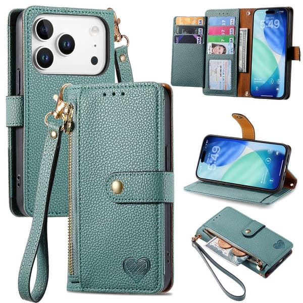 For iPhone 17 Pro Max Cover RFID-blokering Lynlåslomme Tegnebogsetui med Rem Green