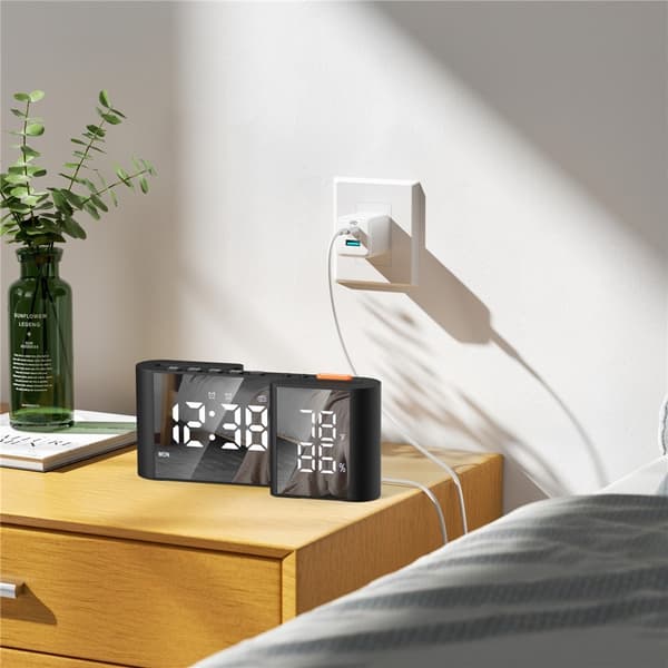 S-formad Väckarklocka FM-radio Dimmer Dubbla Larm Digital Klocka Termohygrometer Svart
