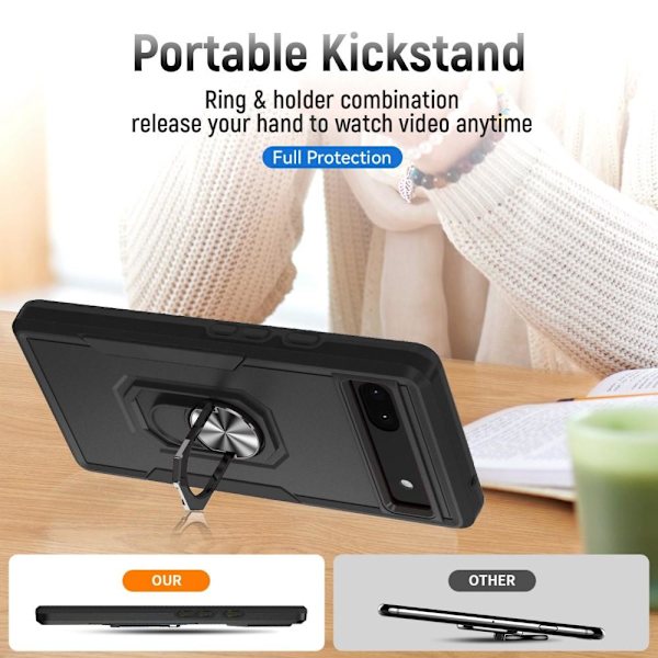 Google Pixel 6A iskunkestävä TPU+PC Kickstand -puhelinkotelo autoteline metallilevy - musta Black