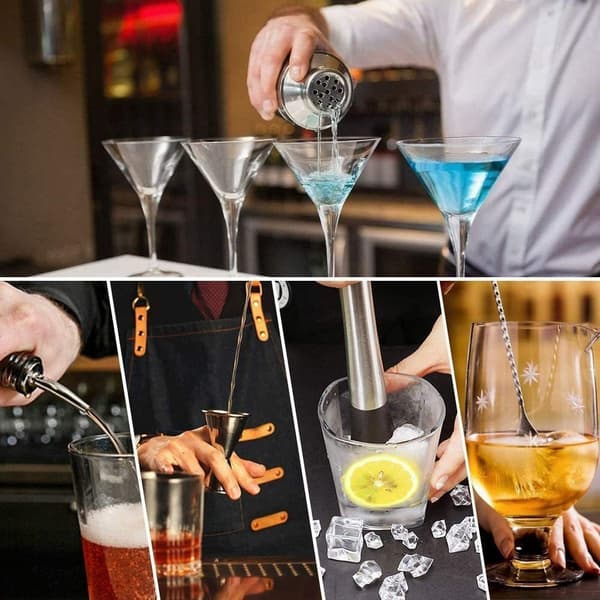 Cocktailset 7 delar shaker mått jigger muddler barsked hällpipar receptbok Silver