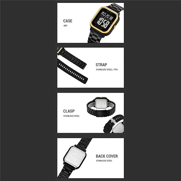 SKMEI Vandtæt Digitalt Armbåndsur Ur Belysning Stopur - Sort + Sort + Stål Black