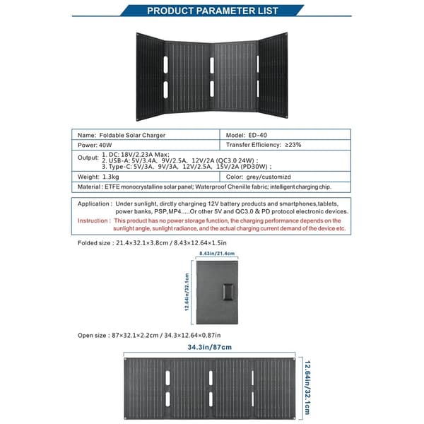 40W solcelleoplader USB-C USB DC-porte IP65 vandtæt monokrystallinsk solpanel Black