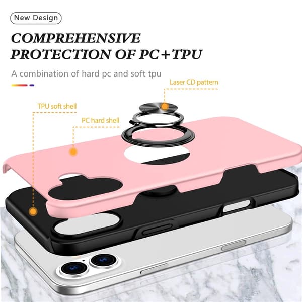 Til iPhone 17 Finger Ring Kickstand Hybrid Taske Pink