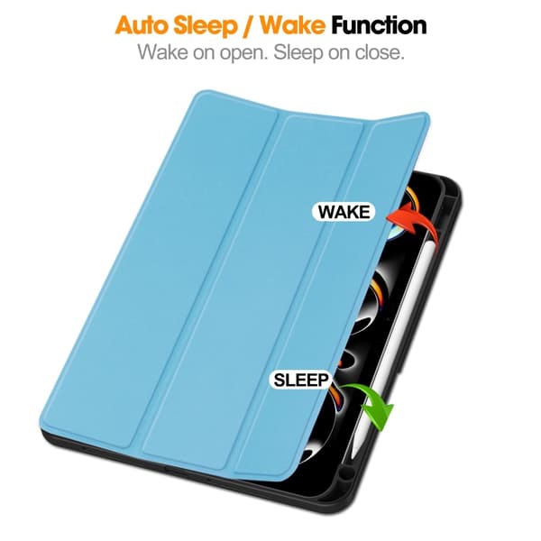 Etui for iPad Pro 11 (2024) med Tri-fold Stativ, Tablettdeksel med Penneholder Light blue