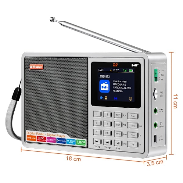 Digital radiomottaker DAB+FM RDS Bluetooth MP3-spiller REC-opptaker TF-kort Silver grey