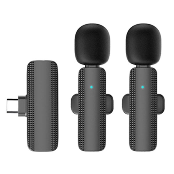 Trådlös Lavalier Lapel Mikrofon & Mottagare för USB-C 2 +1 Svart