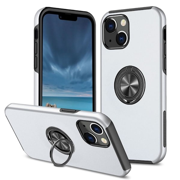 iPhone 14 Fingerring Kickstand Hybrid Taske - Sølv Silver