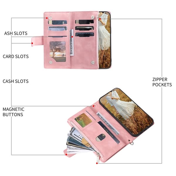 Google Pixel 10 Pro XL Zipper Wallet Case Rhombus Stitching Line Puhelinsuojus Pink