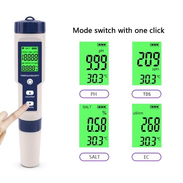 5-i-1 test for vann kvalitet EC pH TDS Temperatur Saltholdighet Grey