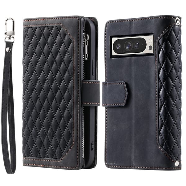 Til Google Pixel 10 Pro XL Zipper Wallet Case Rhombus Telefoncover Black
