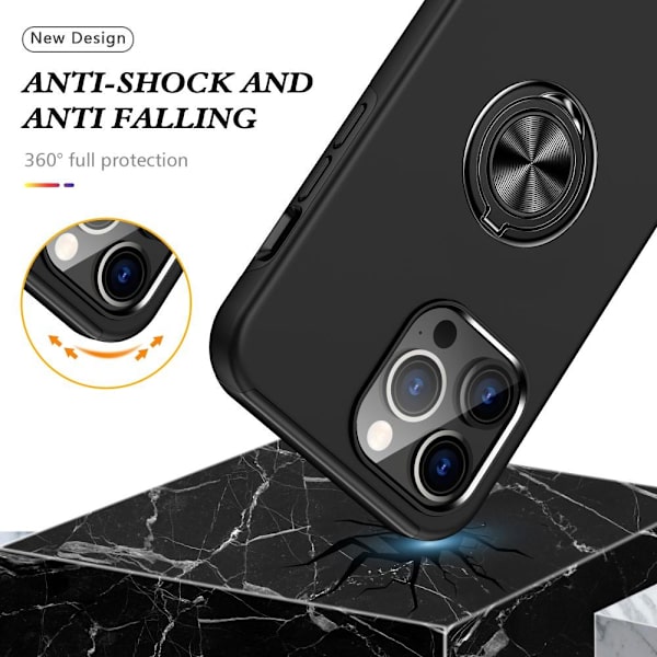Til iPhone 15 Pro Max Finger Ring Kickstand Hybrid Taske - Sort Black