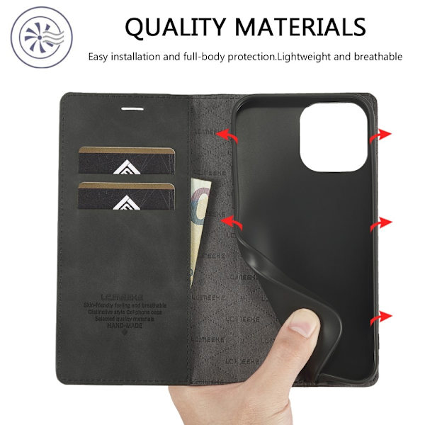 LC.IMEEKE Magneettinen puhelinkotelo iPhone 15 Pro Max -telineen lompakon suojukselle Black