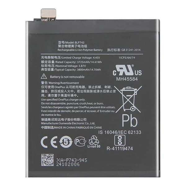 Batteri for OnePlus 7T 3.87V 3725mAh Li-Polymer BLP743 Black