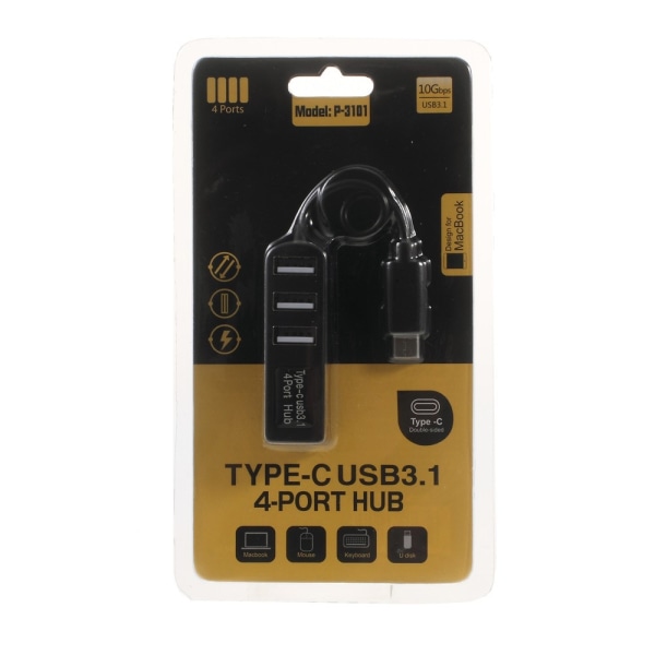 4 Ports USB 3.1 Typ C Hubb High Speed Hub SVART Black