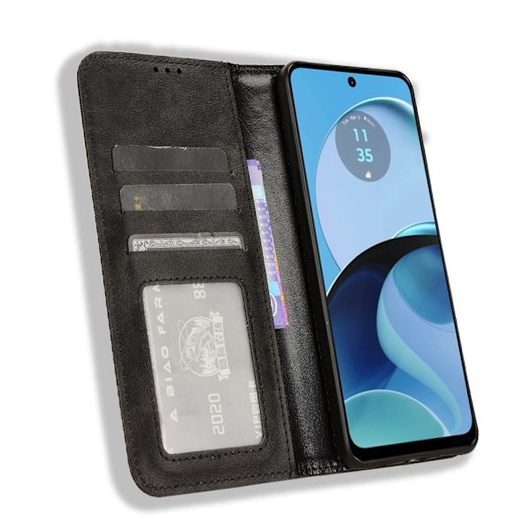 Motorola Moto G14 Stativ Telefonetui Fuld Beskyttelse Pung Cover - Sort Black