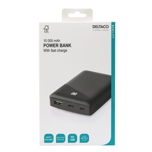 Virtapankki 10 000 mAh, 1x USB-C PD, 1x USB-A pikalataus Black