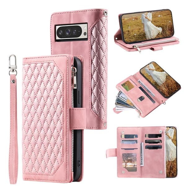 Google Pixel 10 Pro XL Zipper Wallet Case Rhombus Stitching Line Puhelinsuojus Pink