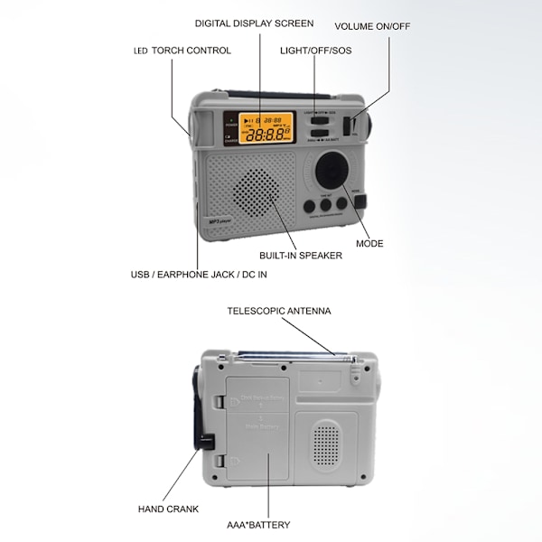 Emergency AM FM-radio Bluetooth spelare Handvevgenerator PowerBank Svart