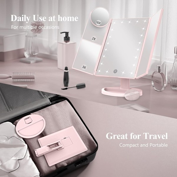 3-puolinen kokoontaittuva meikkipeili himmentävä valo 22LED pöytäpeili - Vaaleanpunainen Pink
