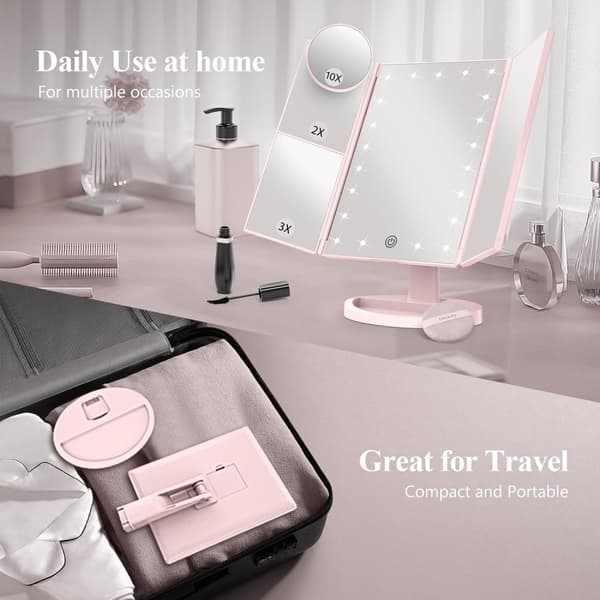 3 - sidet sammenfoldelig makeup spejl, der kan dæmpes lys 22LED bordspejl - Lyserød Pink
