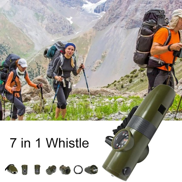 7 i 1 Visselpipa Hög Decibel Survival Whistle Ficklampa Kompass Termometer mm Grön one size