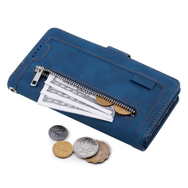 Til iPhone 17 Etui med Lynlåslomme og 9 Kortlommer Blue