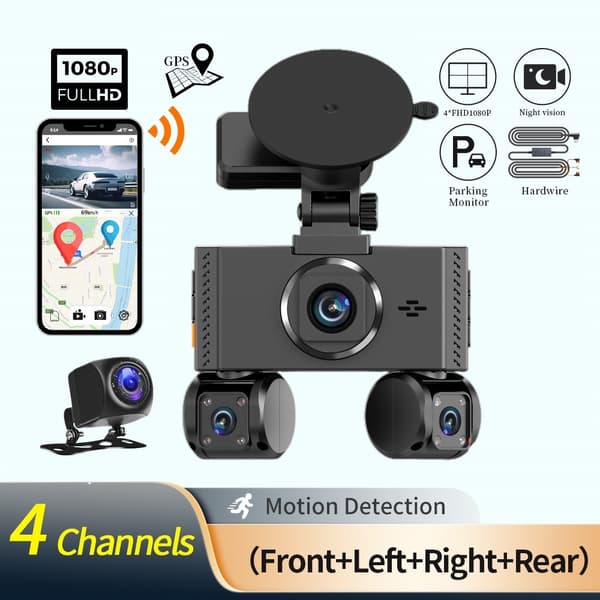 Bilkamera WiFi 4-kanals 2K nattsyn Firelinse bil-DVR GPS-modul Step-down-kabel Black