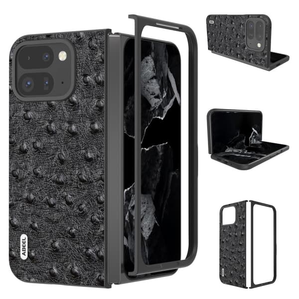 ABEEL For Google Pixel 9 Pro Fold 5G Etui Ekte Ku-skinn+PC Telefondeksel Strutsstruktur - Svart Black