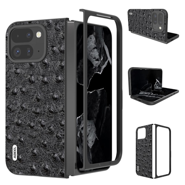 ABEEL Google Pixel 9 Pro Fold 5G Suojakotelo Aitoa Nahkaa + PC Puhelinsuojus Strutsikuviolla - Musta Black