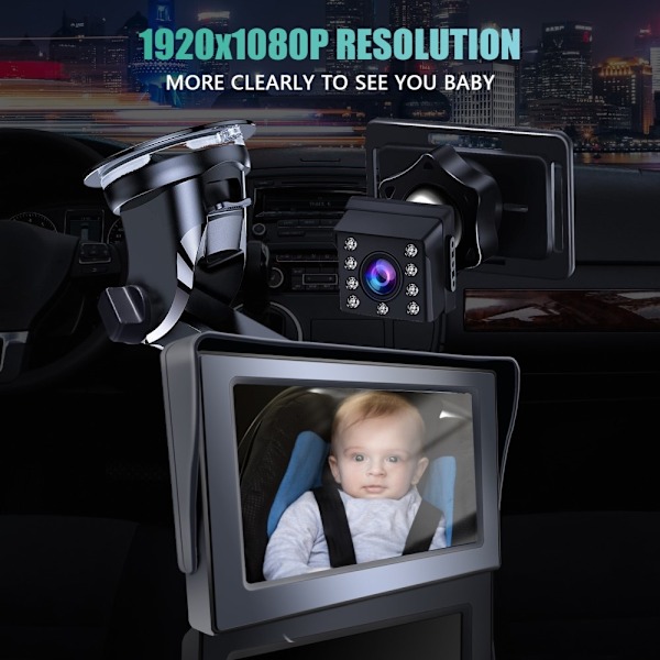 4,3" HD 1080P bilmonitorkamera för bakåtvänd babysäte vidvinkel infraröd kamera Svart