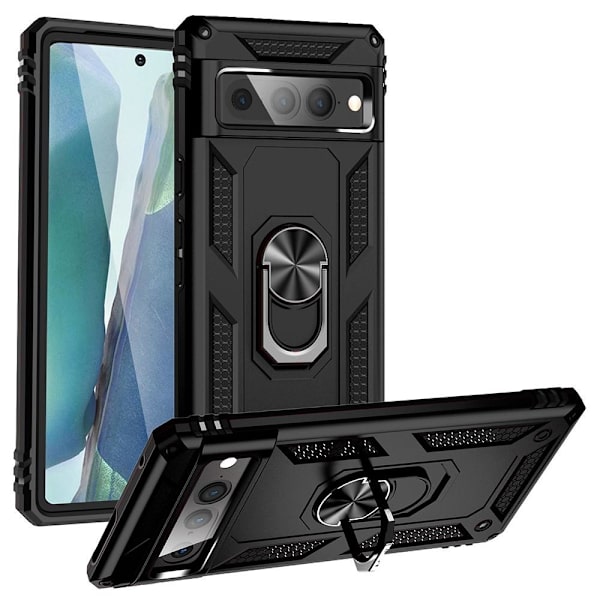 Google Pixel 7 Pro iskunkestävä TPU+PC Kickstand -puhelinkotelo autoteline metallilevy - musta Black