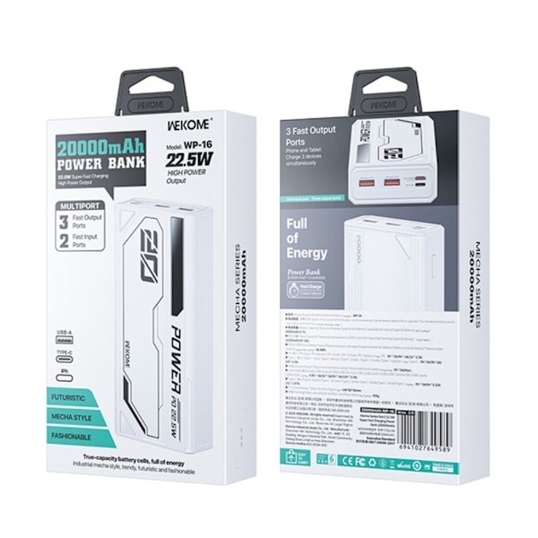 WEKOME WP-16 Mecha Gen3 22,5 W Supernopea latausvirtalähde 20 000 mAh Black