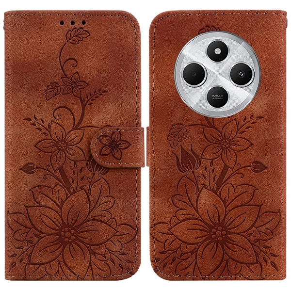 För Xiaomi Redmi 14C Fodral Ställ Plånboksfodral Blommönster - Brun Brun