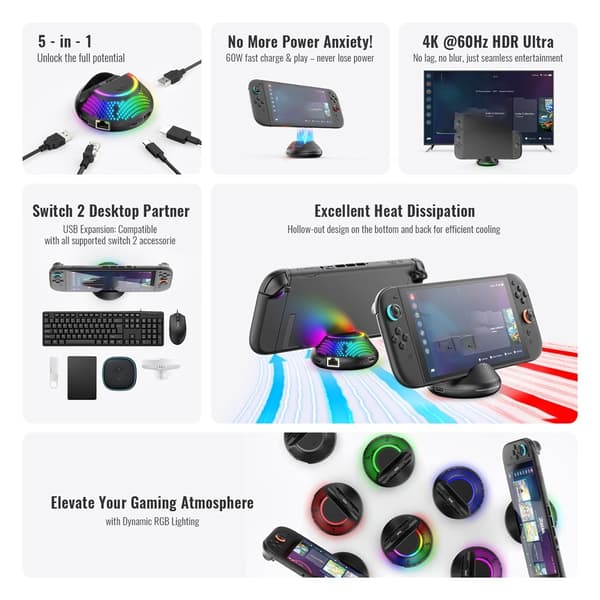 Kompatibel med Nintendo Switch 2 TV-dokk videokonverter Gigabit Ethernet Black