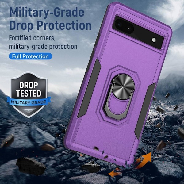 Google Pixel 6A Stødsikker TPU+PC Kickstand Telefonetui Bilmonteret Metalplade - Lilla/Sort Purple