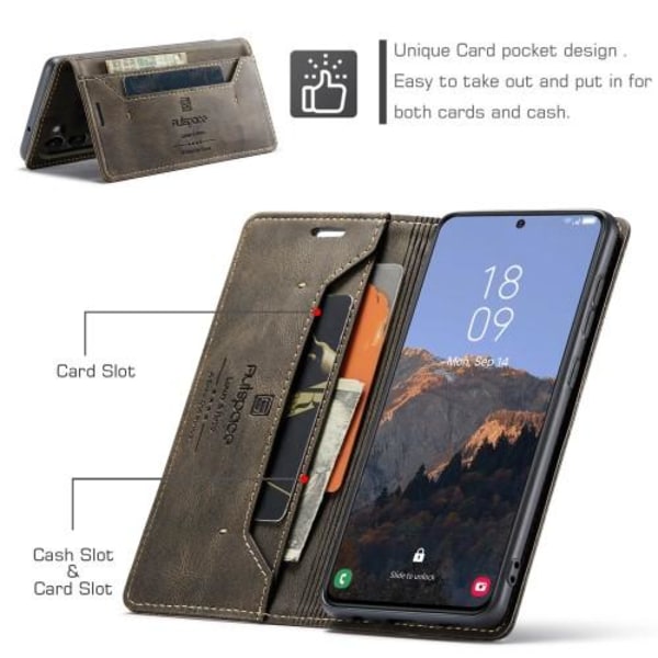 AUTSPACE A01 Retro tegnebog taske til Samsung Galaxy S23+ (Plus) - Kaffe Brown