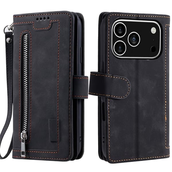Til iPhone 17 Pro  Etui med Lynlåslomme og 9 Kortlommer Black