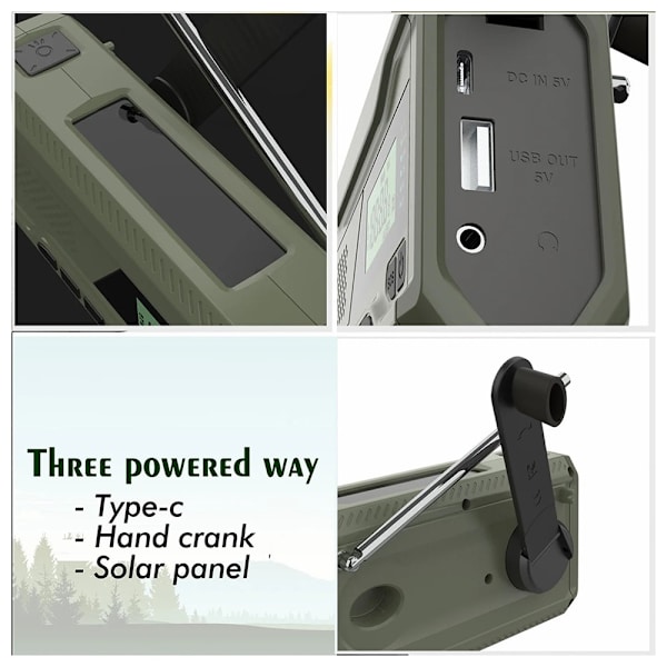 Solar Power Handvev DAB FM Radio Ficklampa 4500mAh Power Bank Grön