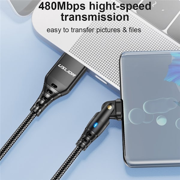 USB-A til USB-C ladekabel 2 m 180 graders roterende vinklet hode 3A Black