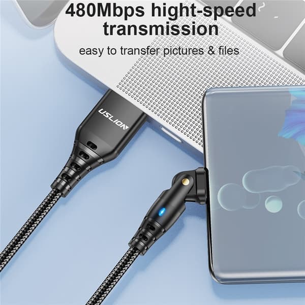 USB-A - USB-C -latauskaapeli 2 m, 180 astetta kääntyvä kulmapää, 3A Black