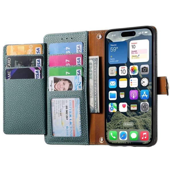 For iPhone 17 Skal RFID-blockering Dragkedjeficka Plånboksfodral med Rem - Grön Grön