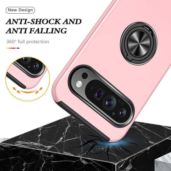 Hybrid-etui med fingerreim og kickstand for Google Pixel 9 / Pixel 9 Pro Pink