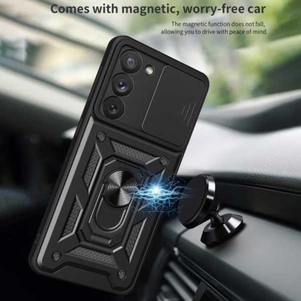 Samsung Galaxy S23 Iskunkestävä TPU+PC Kickstand Puhelinkotelo Autoteline Metallilevy - Musta Black