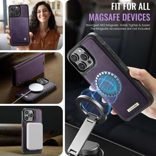 CASEME Til iPhone 15 Pro Max Lommebokdeksel Magnetisk Avtakbar RFID Beskyttelse - Coffee Purple