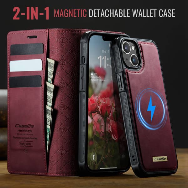 CASEME Til iPhone 15 Lommebokdeksel Magnetisk Avtakbar RFID Beskyttelse Red