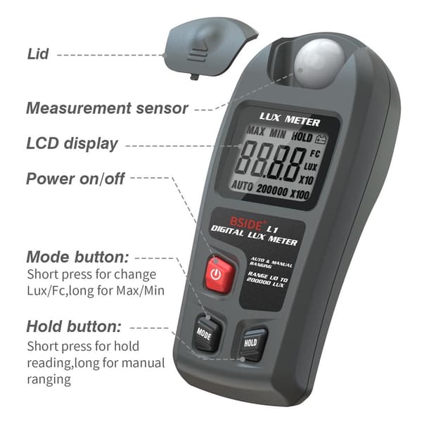 Digitalt luxmeter med LCD-display (0–200.000 lux) – Lysmåler med høj præcision Black