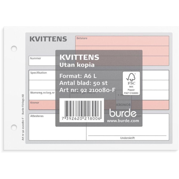 BURDE Blankett Kvitto / Kvitens A6 L 50 blad  I block