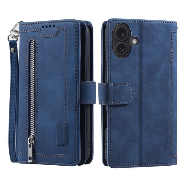 Til iPhone 17 Etui med Lynlåslomme og 9 Kortlommer Blue