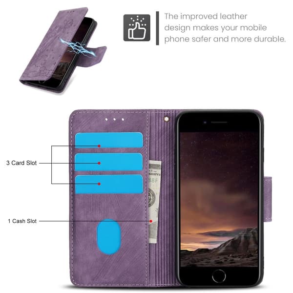 For iPhone 17e / 16e Etui Sommerfugl Blomst Ripebestandig Telefondeksel Purple